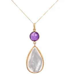 Pear Shaped Mother Of Pearl And Round Amethyst 14 Karat Yellow Gold Drop Pendant