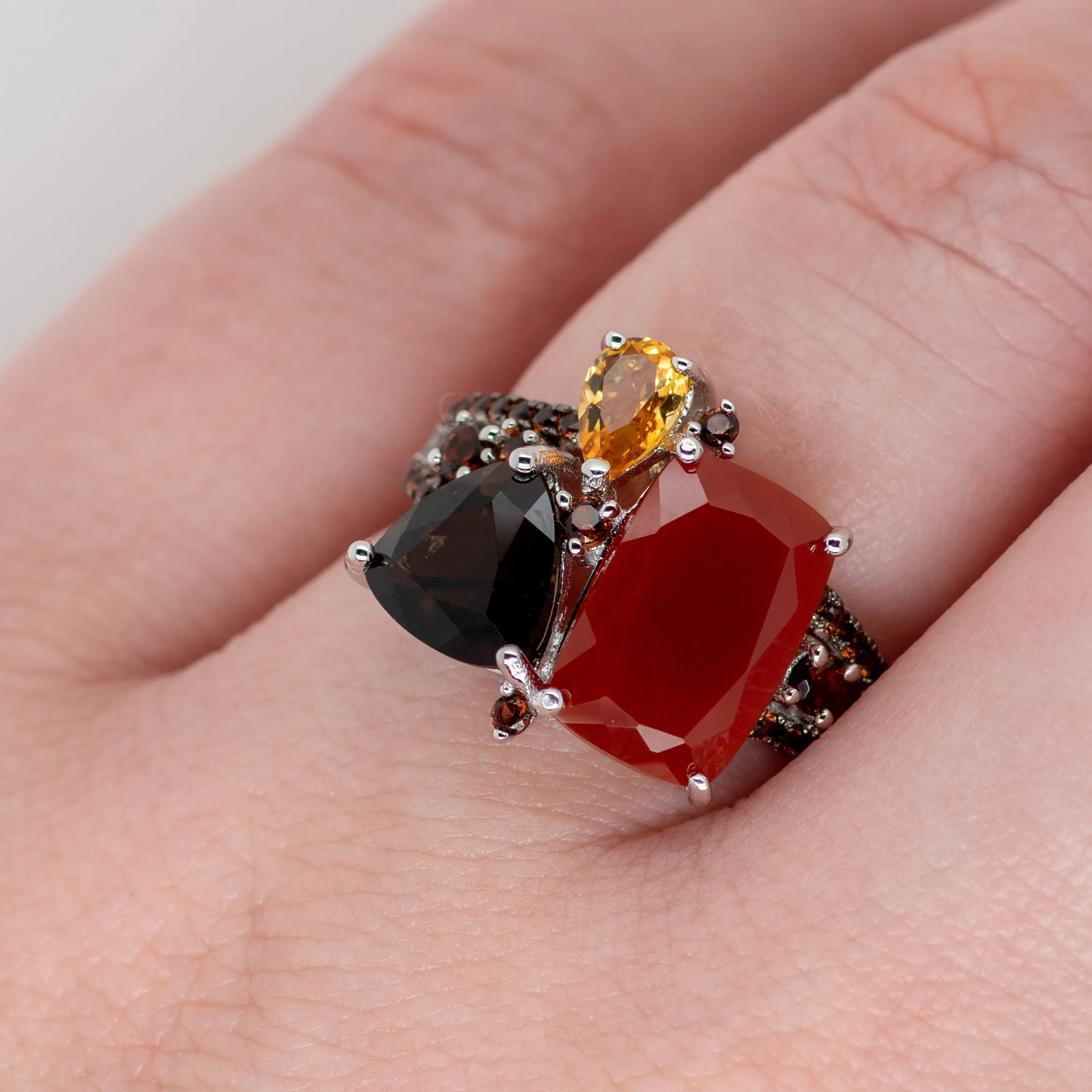 Phoenix Carnelian Quartz Citrine Ring in Sterling Silver