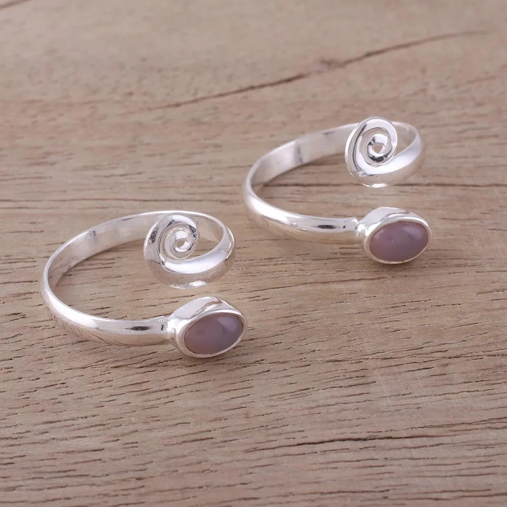 Pink Curl Two Rose Quartz and Sterling Silver Toe Rings from India