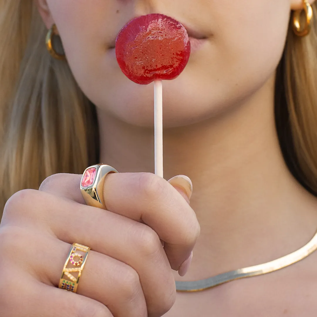 pink gold plated crystal  signet ring