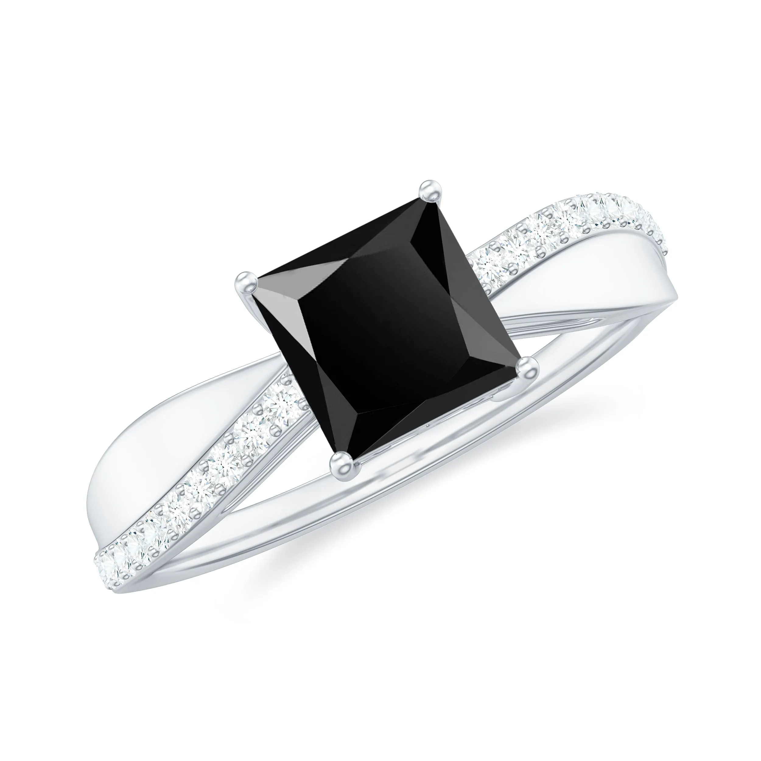 Princess Cut Black Onyx Solitaire Ring with Diamond