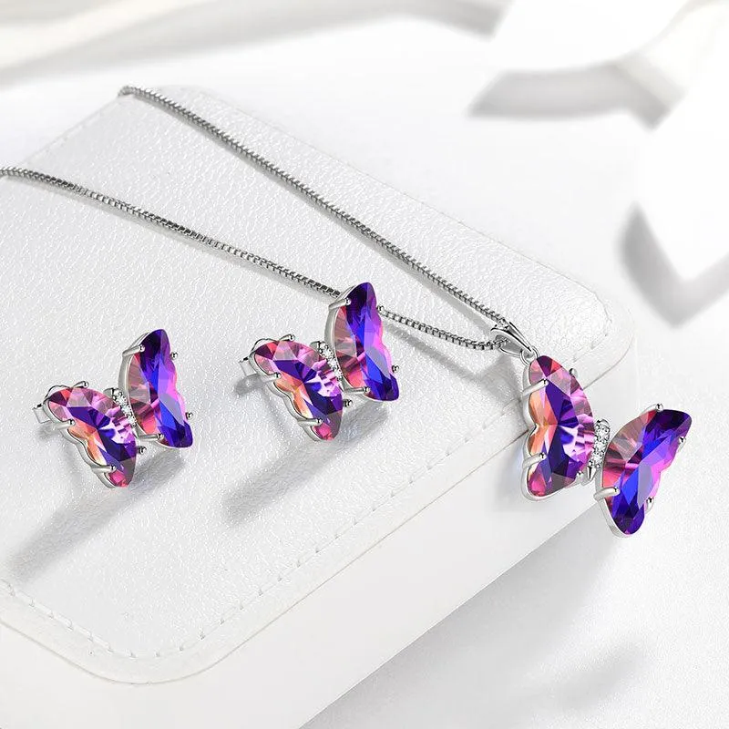 Purple Butterfly Jewelry Set 3PCS February Amethyst Birthstone Women Girls Birthday Gifts