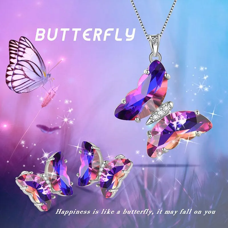 Purple Butterfly Jewelry Set 3PCS February Amethyst Birthstone Women Girls Birthday Gifts