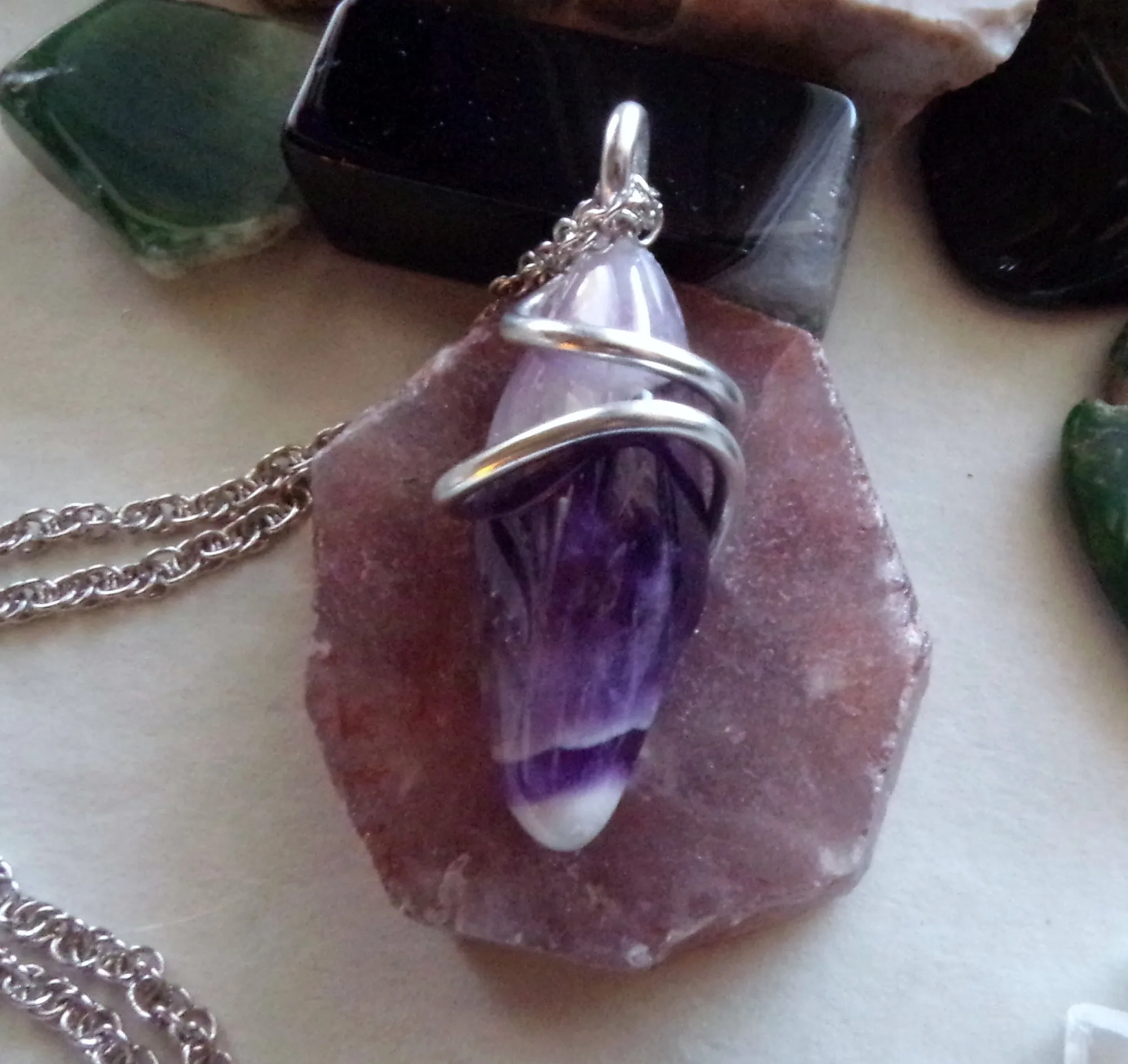 Purple Chevron Amethyst Wire Wrapped Pendant Necklace