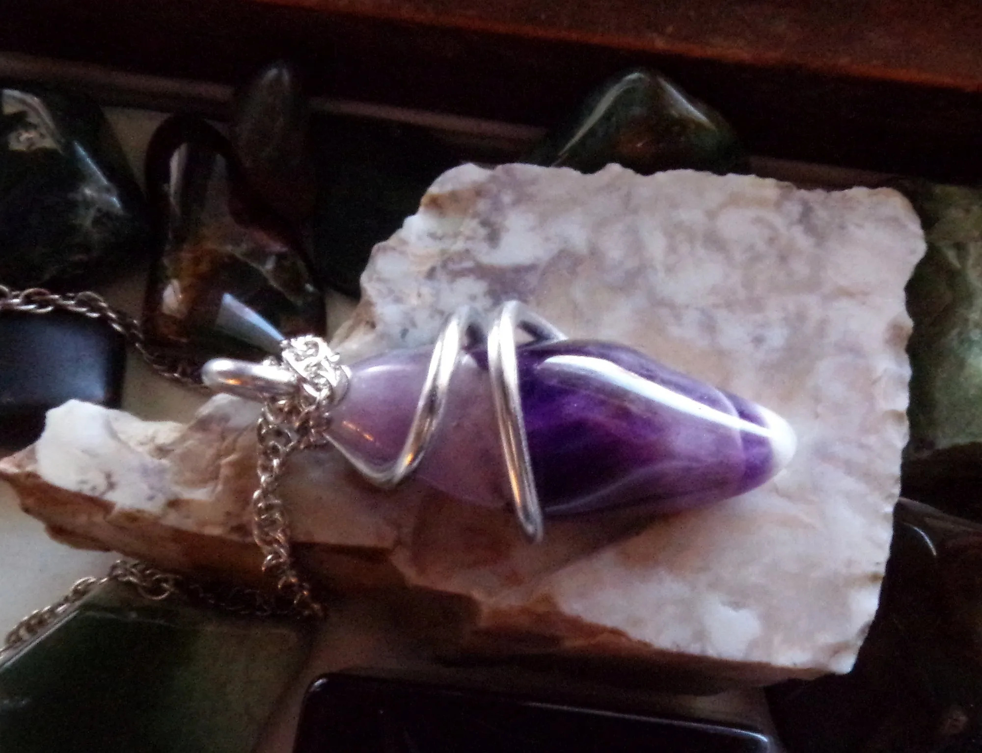 Purple Chevron Amethyst Wire Wrapped Pendant Necklace