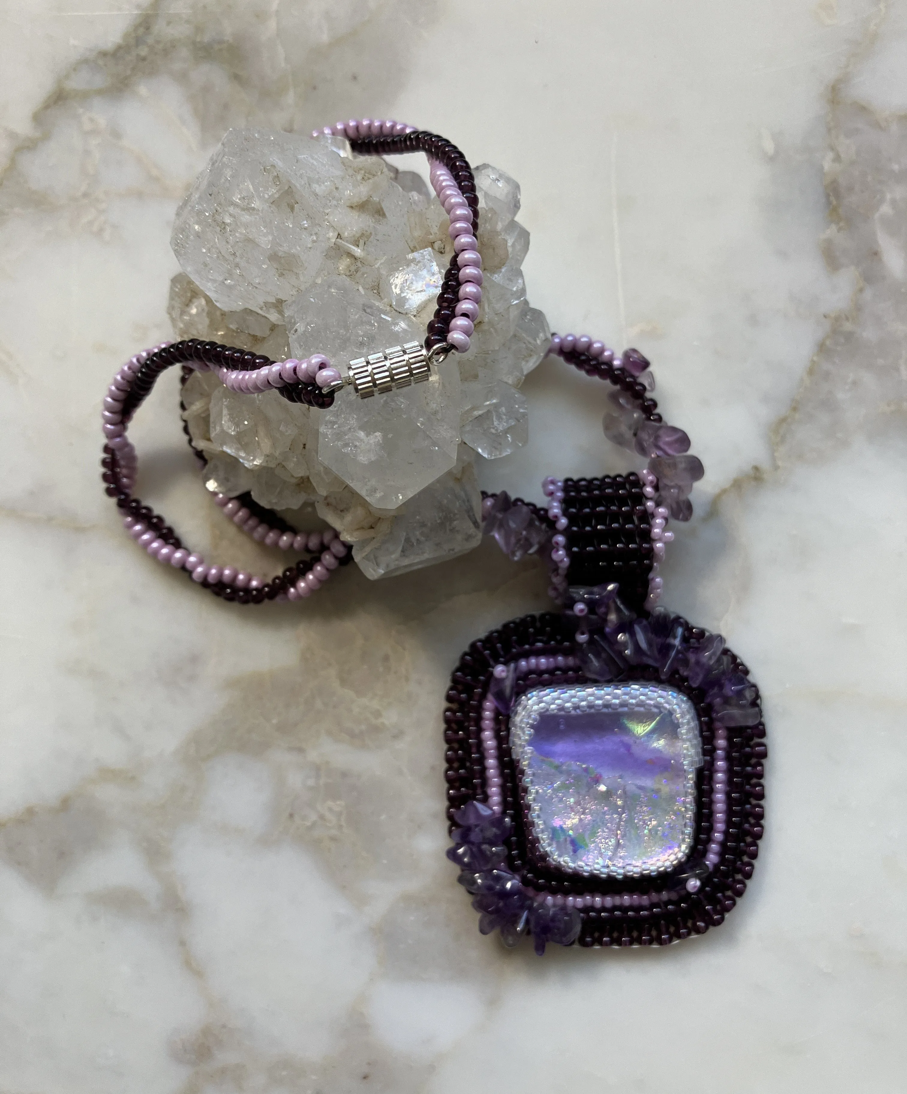 Purple, pink and Amethyst Beaded Necklace