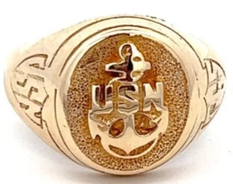 "Valentine's Valor: 10K Gold USN Anchor Signet Ring"