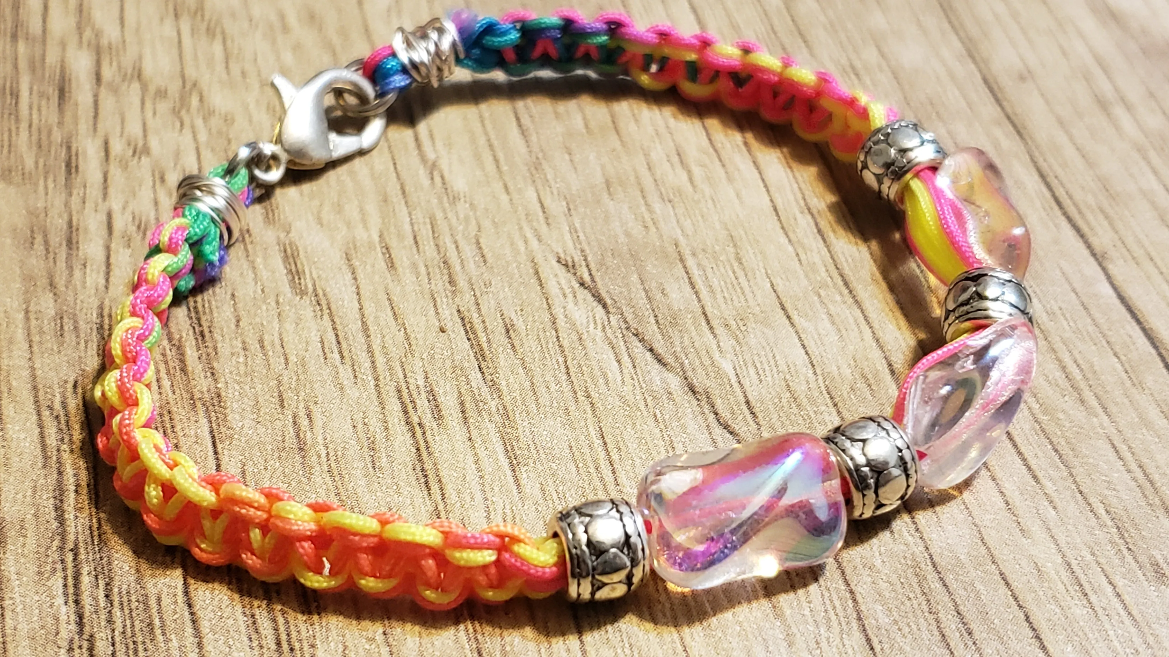 Rainbow Colors Nylon Bracelet with Czech Glass & Silver Plated Beads & Lobster Claw Clasp