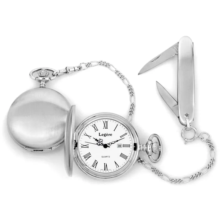 Rhodium Finish Large Plain Watch White/Black/Date & Knife & Chain Set