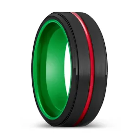 RINDE | Green Ring, Black Tungsten Ring, Red Groove, Stepped Edge