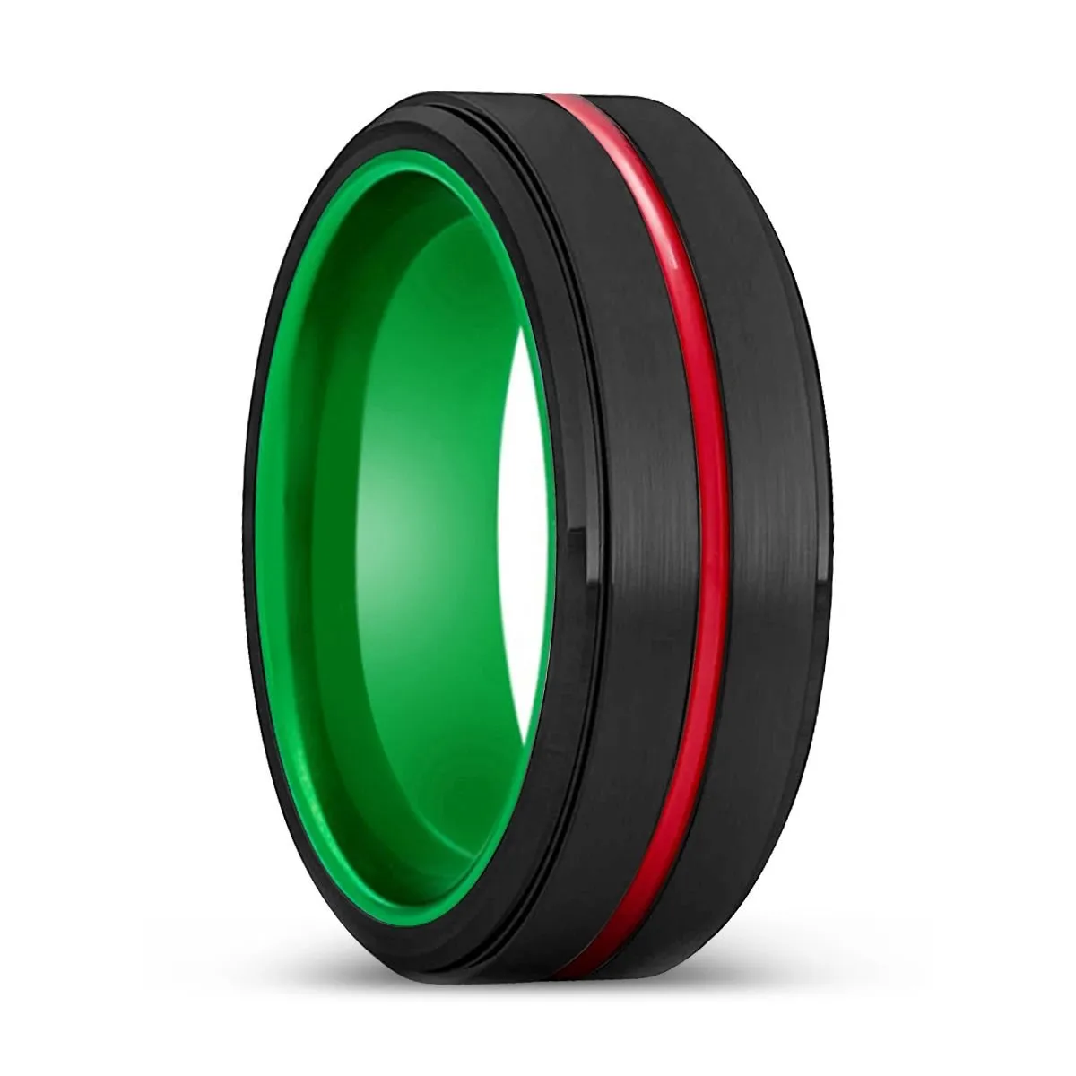 RINDE | Green Ring, Black Tungsten Ring, Red Groove, Stepped Edge