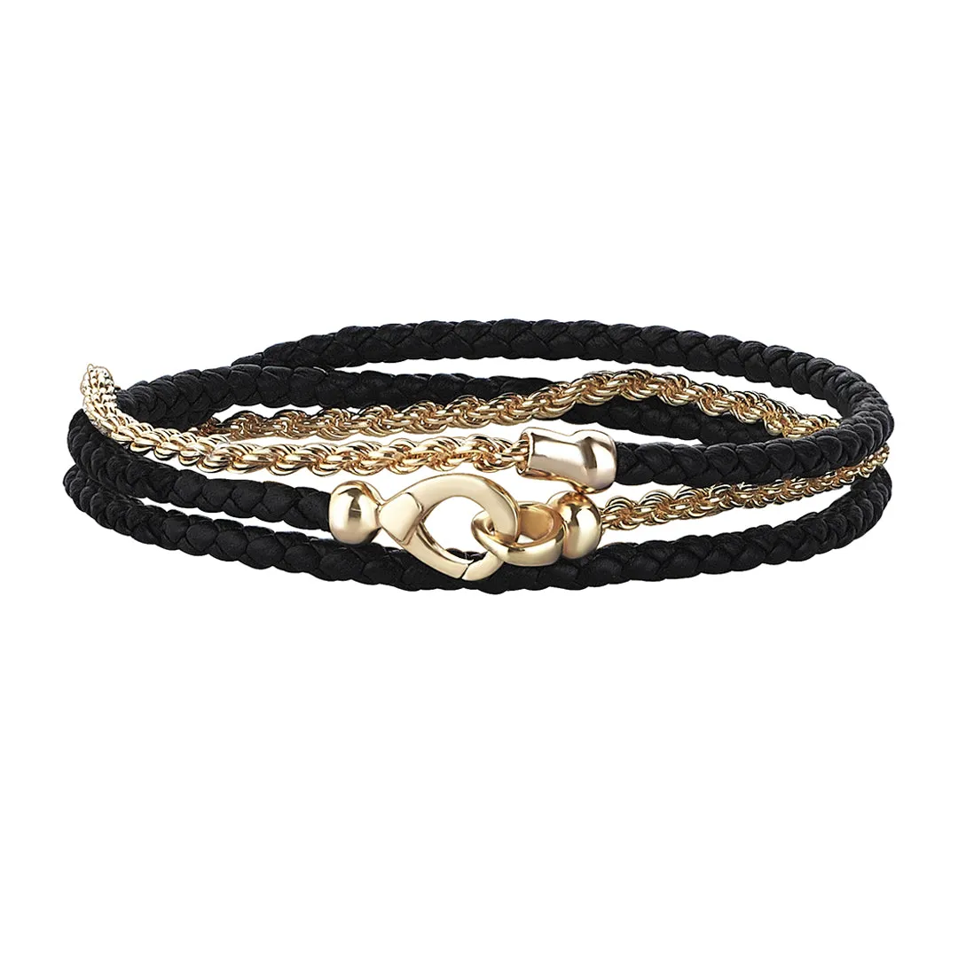 Rope Chain & Leather Wrap Bracelet in Gold