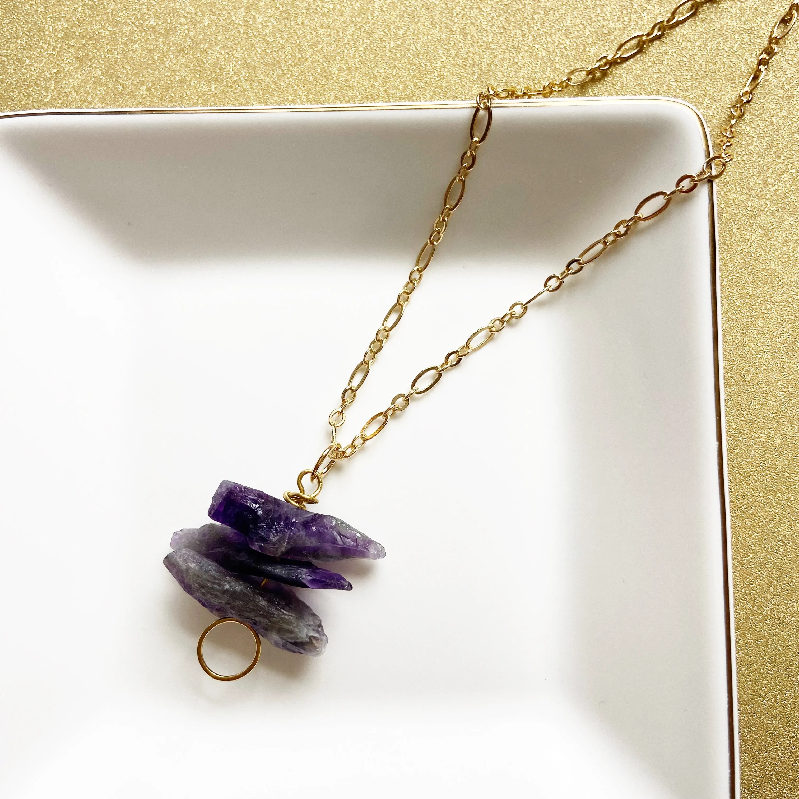 Rough Cut Amethyst Geometric Pendant Necklace in Gold or Silver (30 inches)