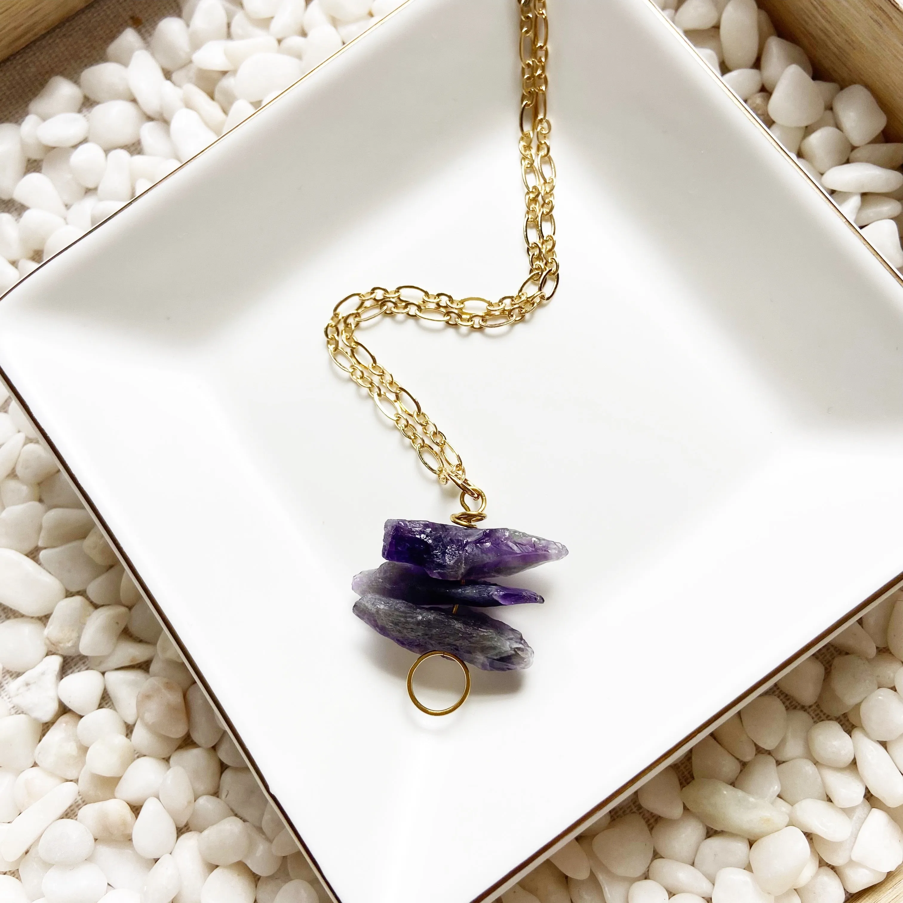 Rough Cut Amethyst Geometric Pendant Necklace in Gold or Silver (30 inches)