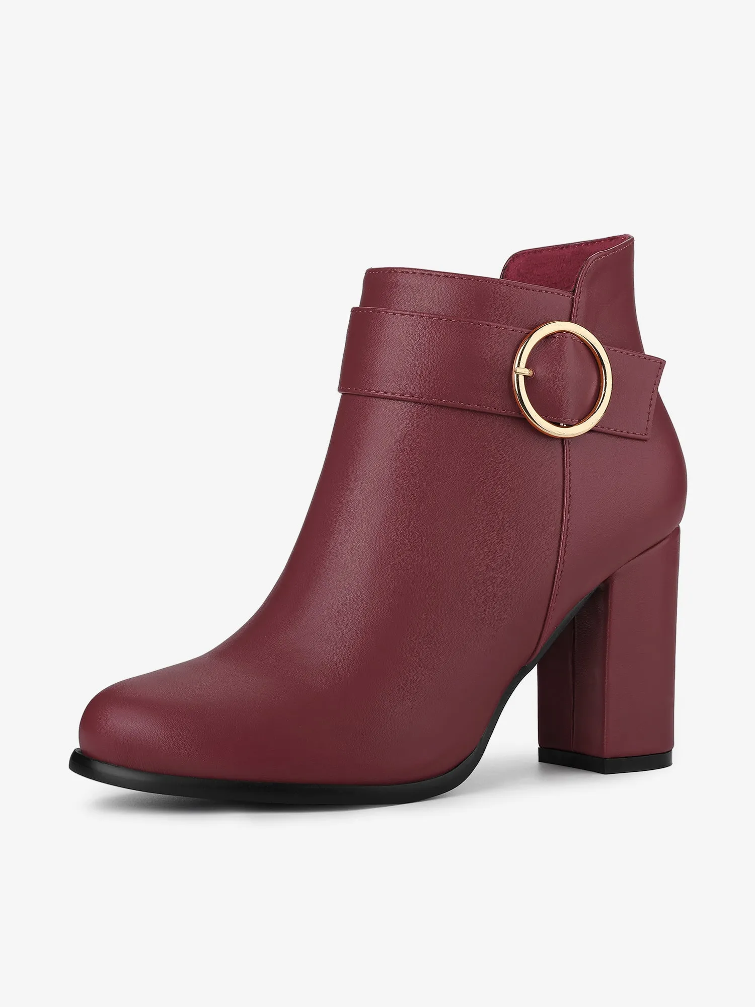 Round Toe Circle Buckle Chunky Heel Ankle Boots