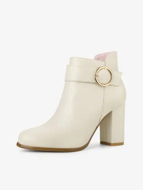 Round Toe Circle Buckle Chunky Heel Ankle Boots