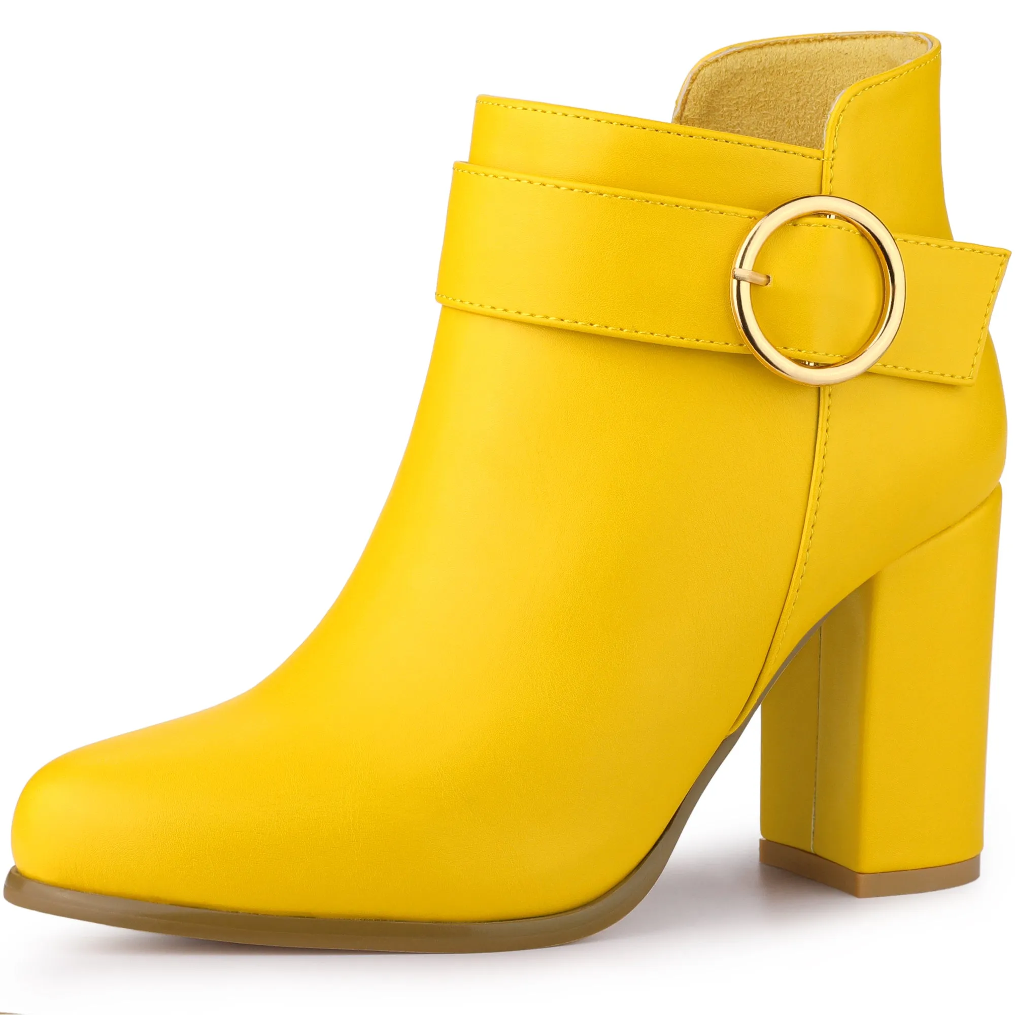 Round Toe Circle Buckle Chunky Heel Ankle Boots