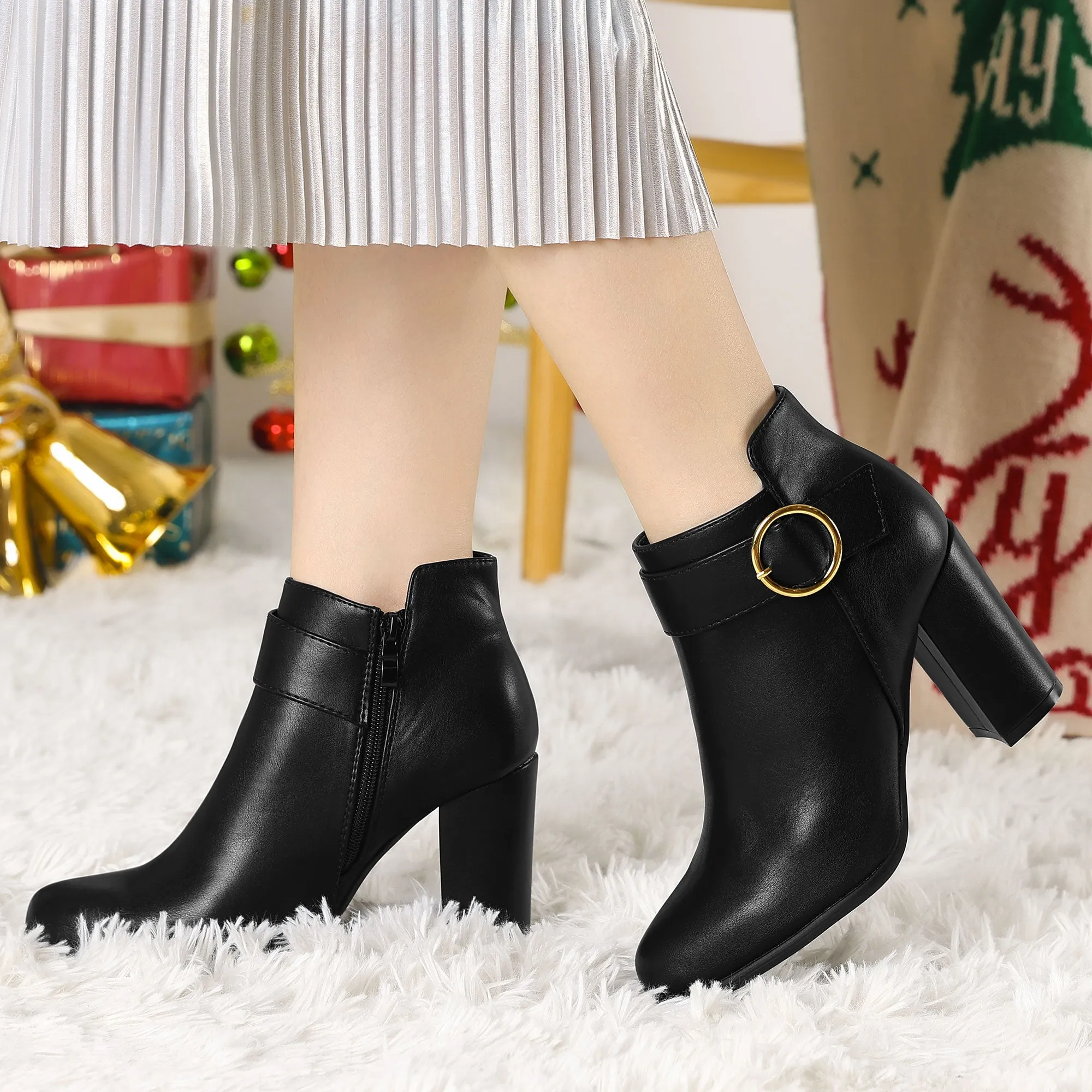 Round Toe Circle Buckle Chunky Heel Ankle Boots