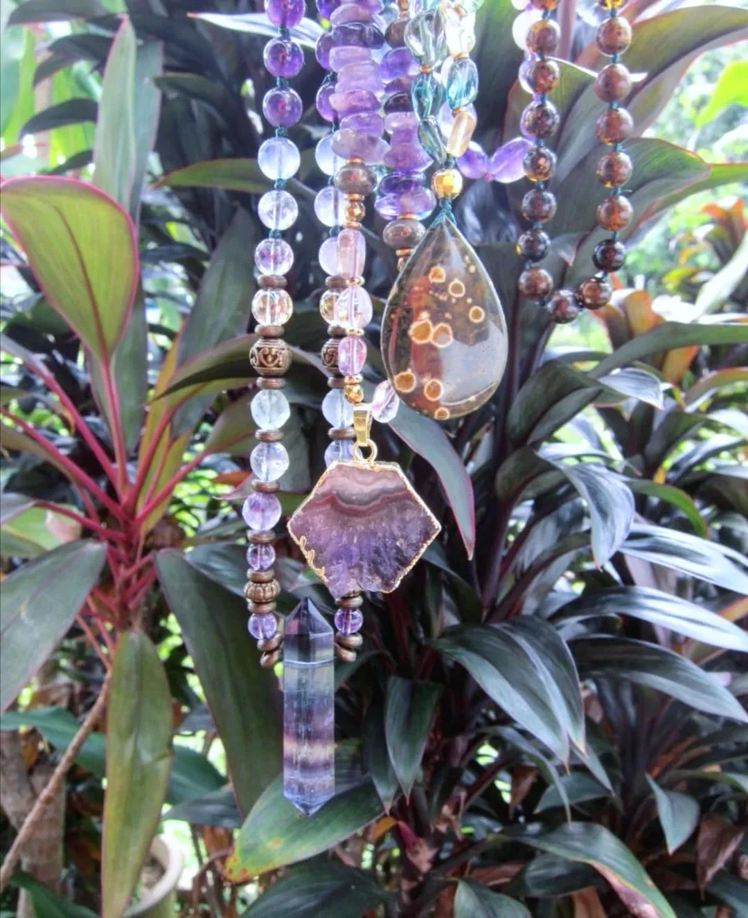 Rustic Bohemia Amethyst, Fluorite Necklace in Double Crystal Point Pendant - Calming, Balancing, Protection