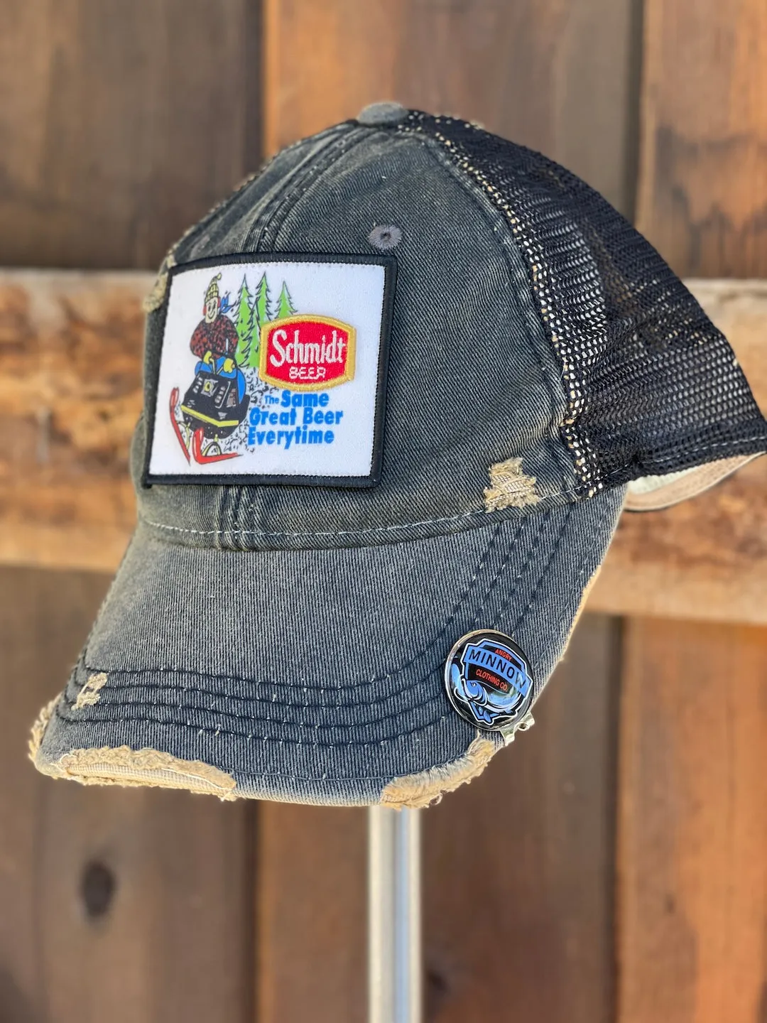 Schmidt Beer SNOWMOBILE hat- Distressed Carbon Mesh Snapback