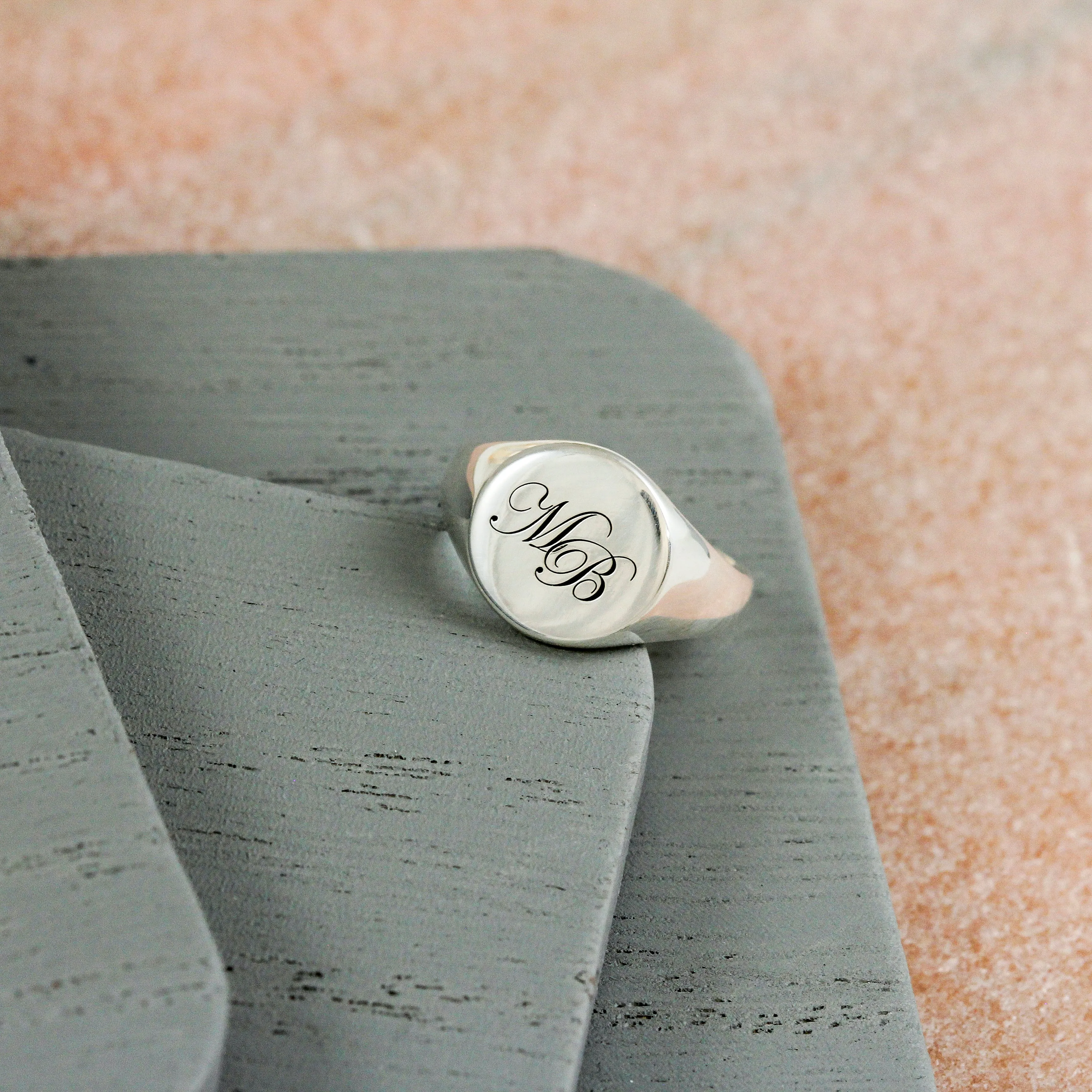 Script Initials Round Silver Signet Ring