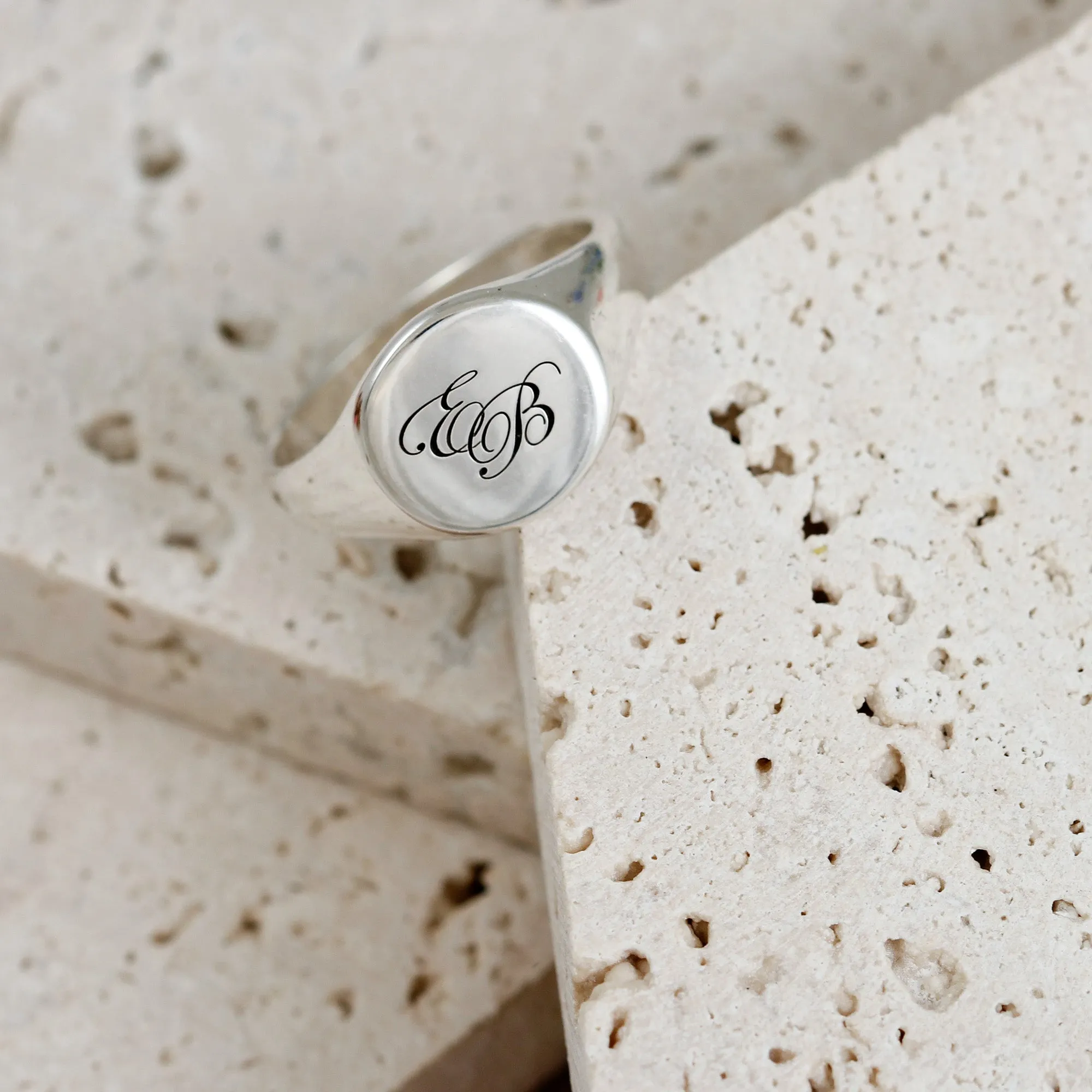 Script Initials Round Silver Signet Ring