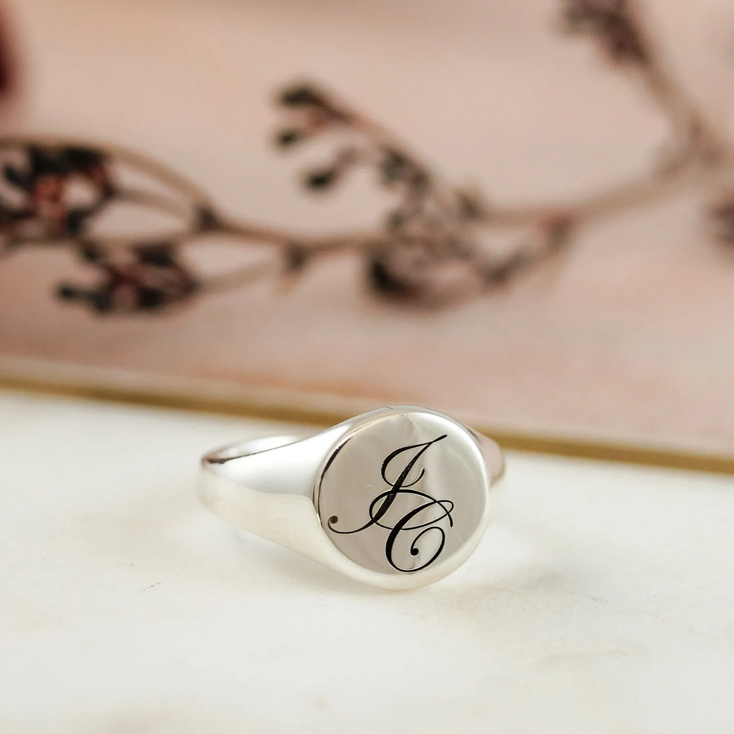 Script Initials Round Silver Signet Ring