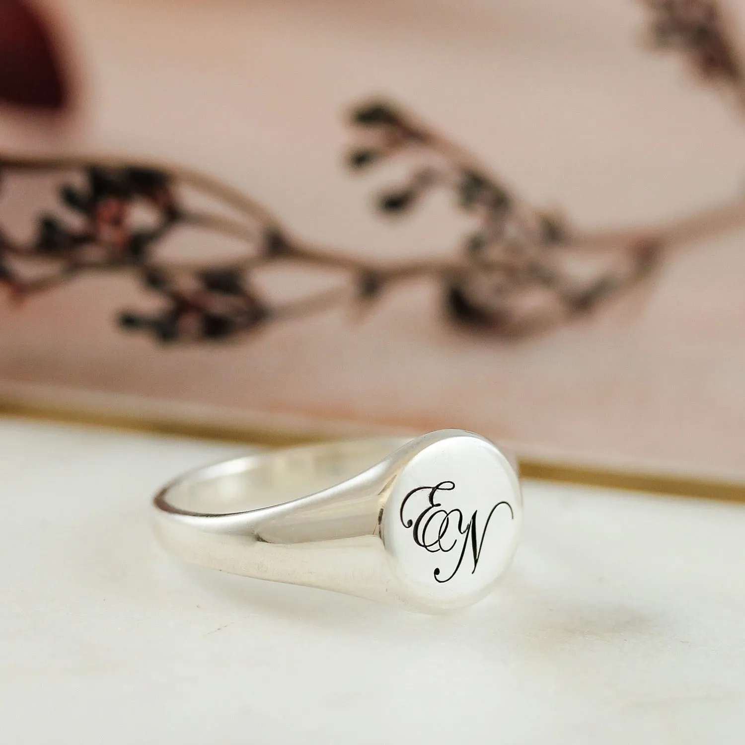 Script Initials Round Silver Signet Ring