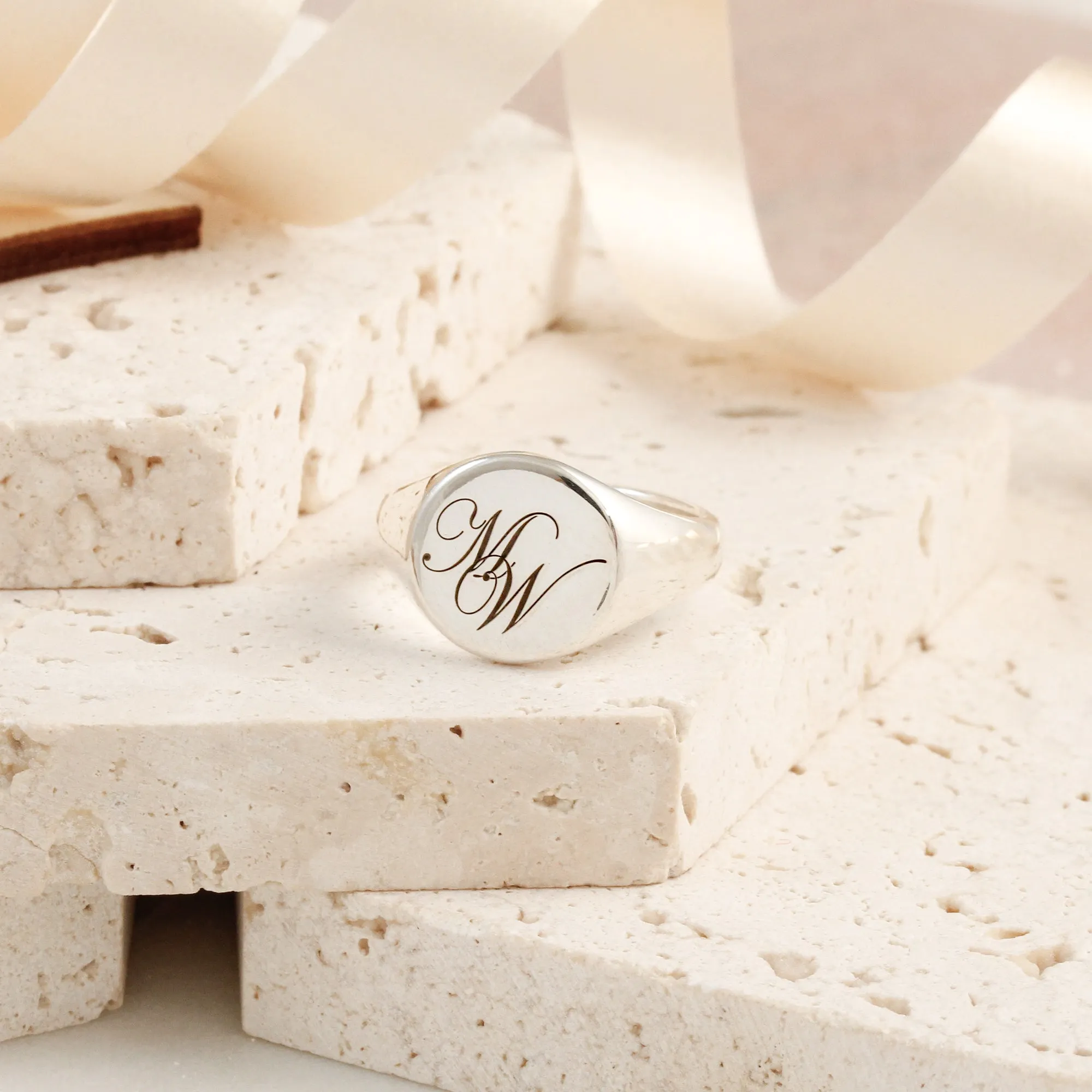 Script Initials Round Silver Signet Ring