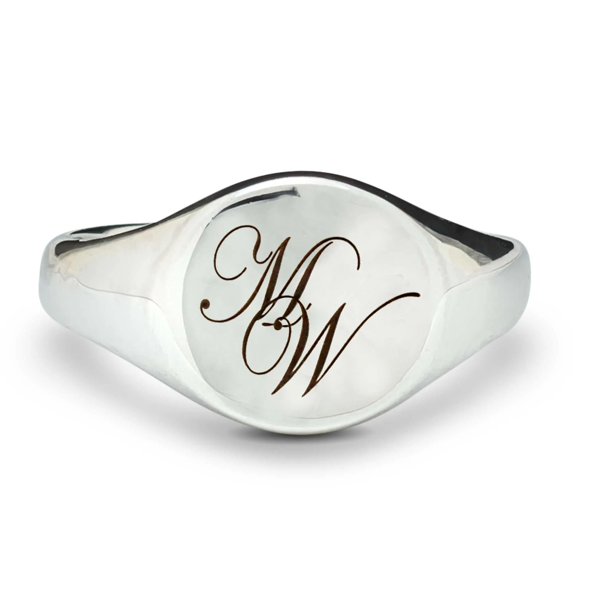 Script Initials Round Silver Signet Ring