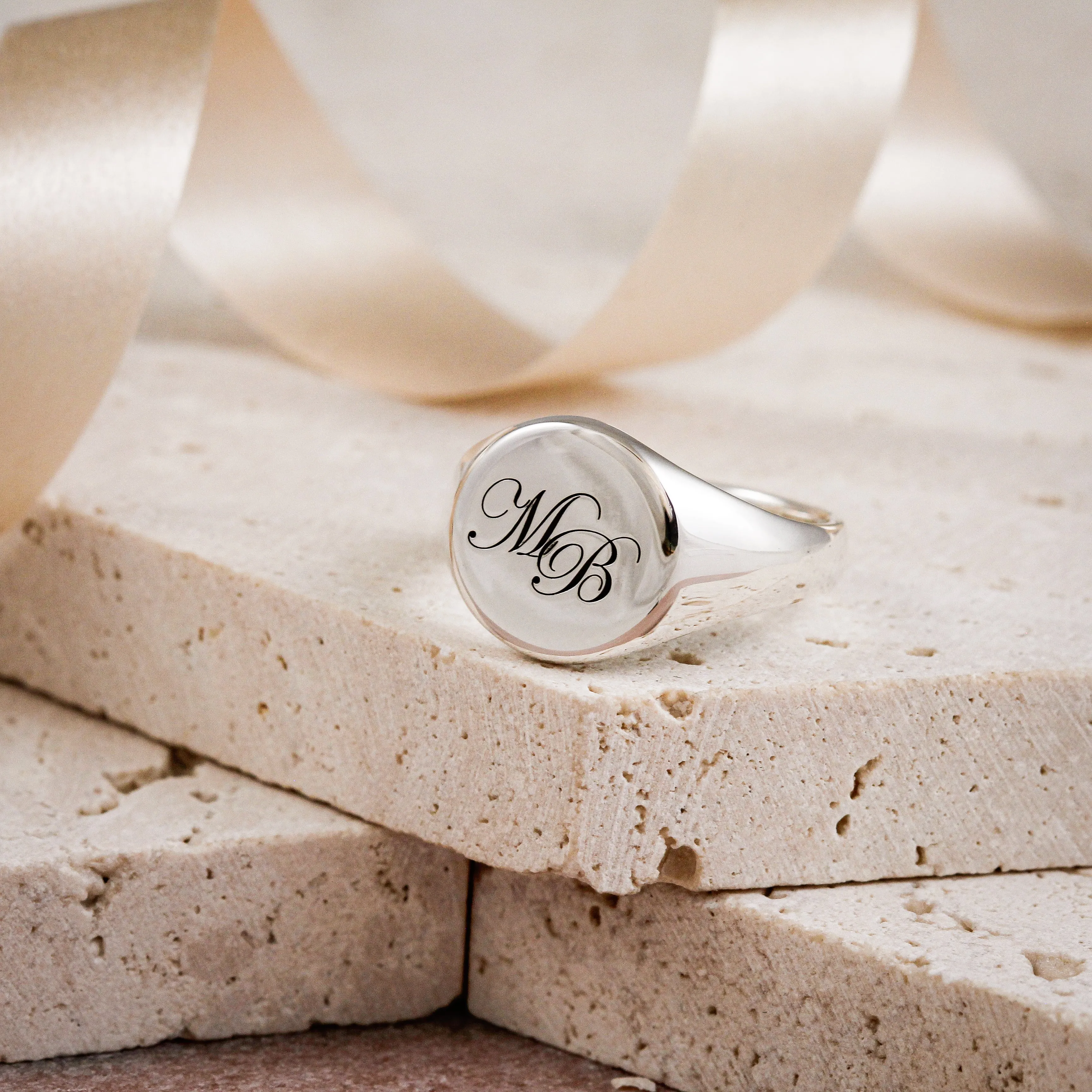 Script Initials Round Silver Signet Ring