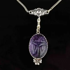 Silver Carved Scarab Amethyst Pendant Necklace