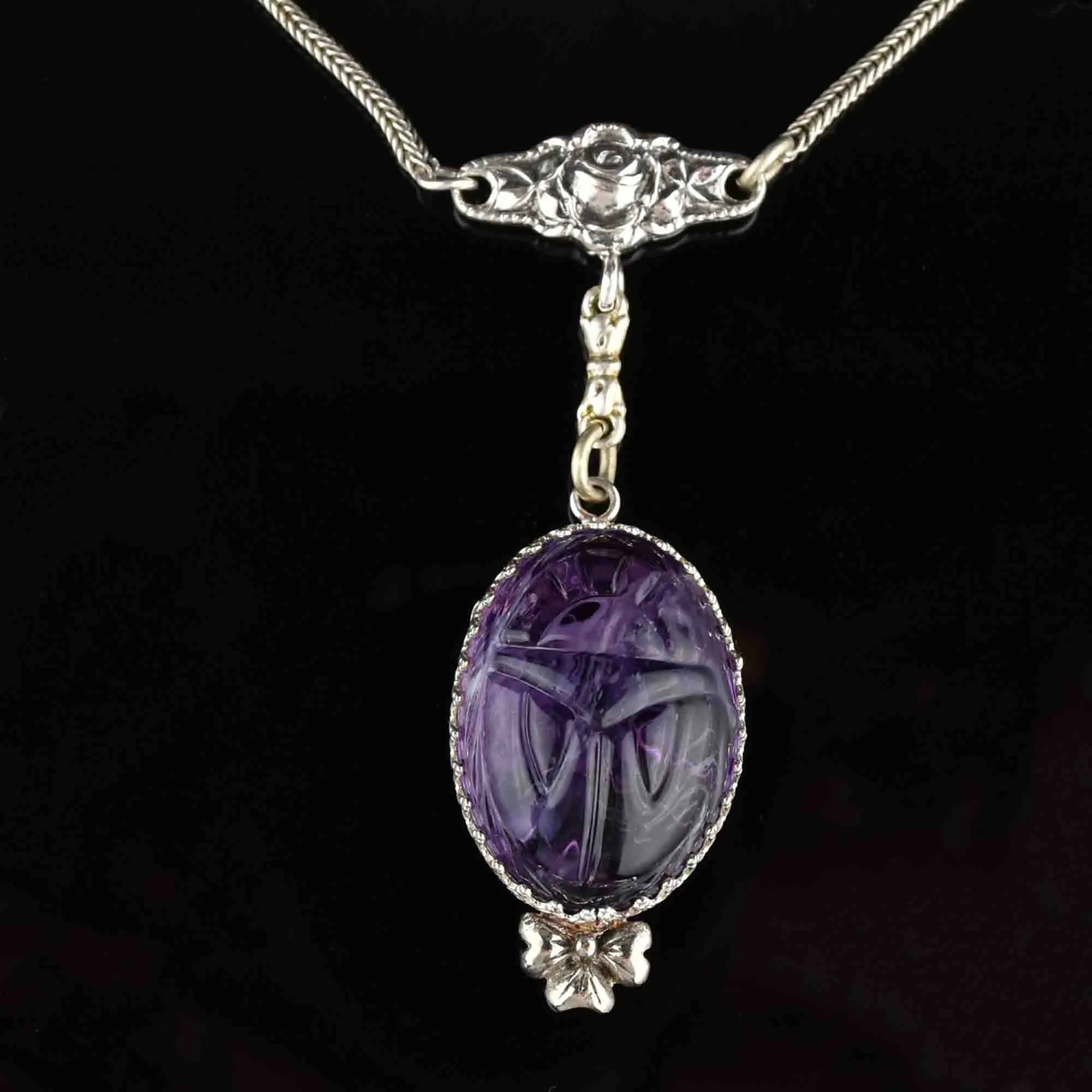 Silver Carved Scarab Amethyst Pendant Necklace