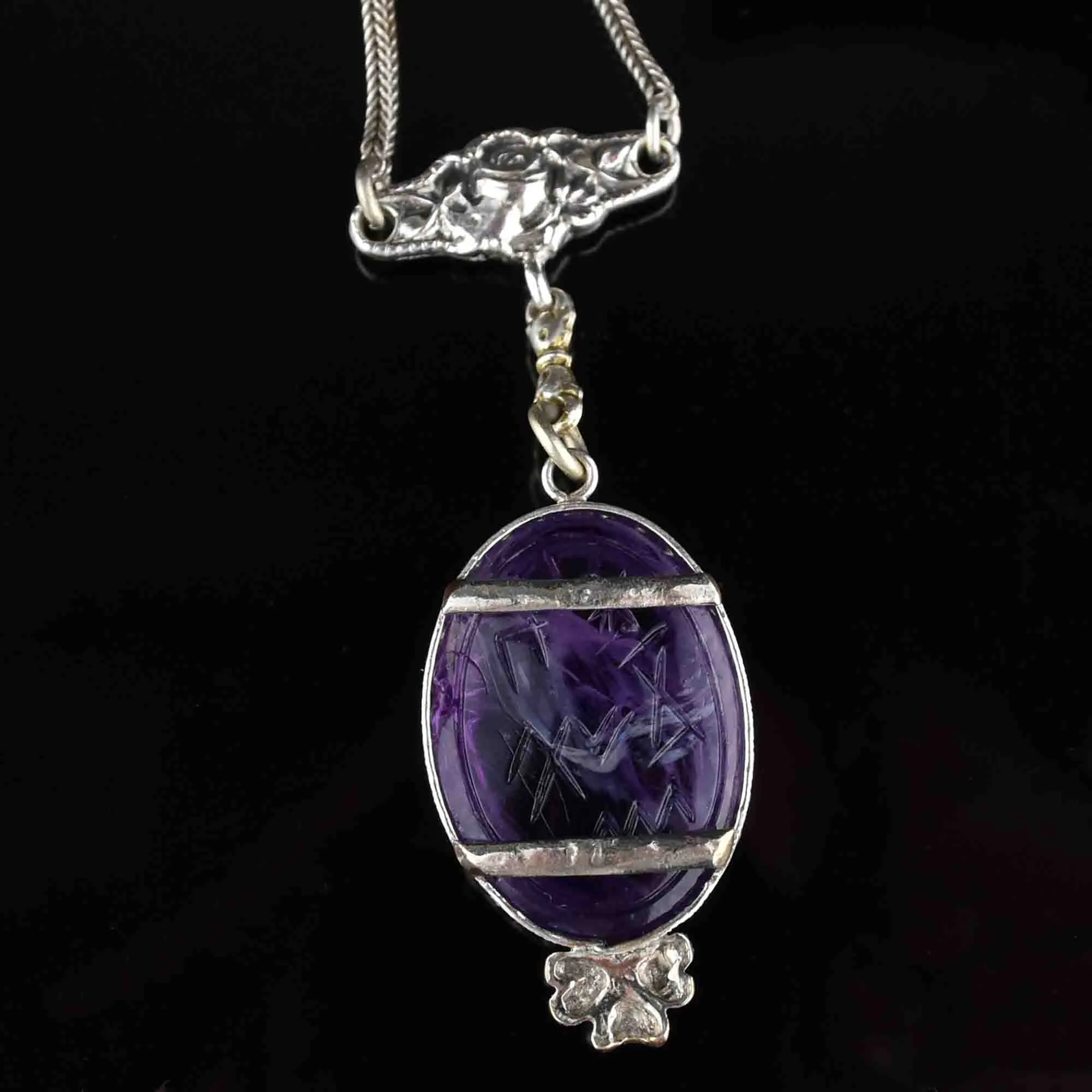 Silver Carved Scarab Amethyst Pendant Necklace