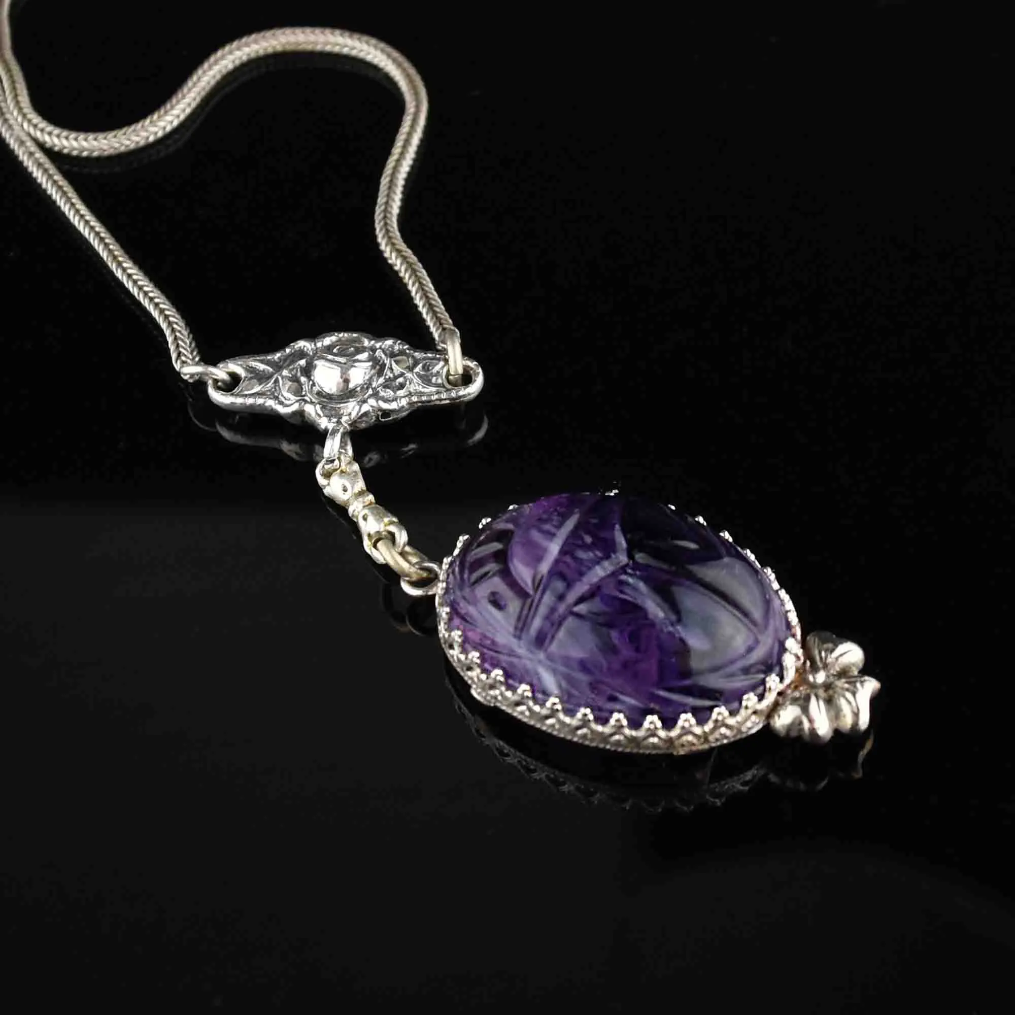 Silver Carved Scarab Amethyst Pendant Necklace