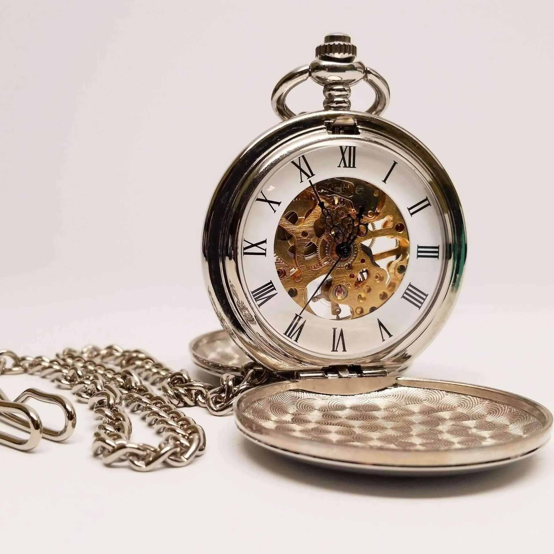 Silver Tone Antique Skeleton Mechanical Style Two-Door Pocket Watch