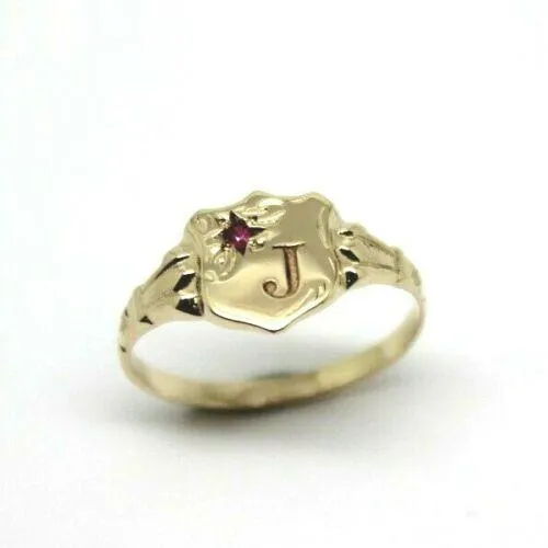 Size N Genuine 9ct Small Yellow, Rose or White Gold Childs Amethyst Shield Signet Ring   engraving of 1 initial