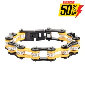 SK1299 1/2" Wide Two Tone Black Yellow With White Crystal Rollers Stainless Steel Motorcycle Bike Chain Bracelet