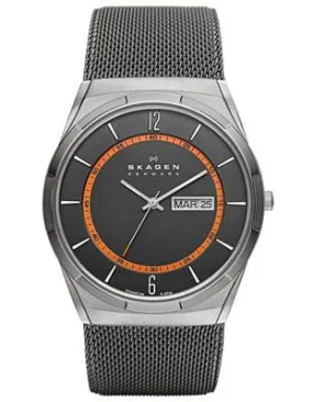 Skagen Melbye Mens Mesh Strap Watch - Grey & Orange Dial - Day / Date