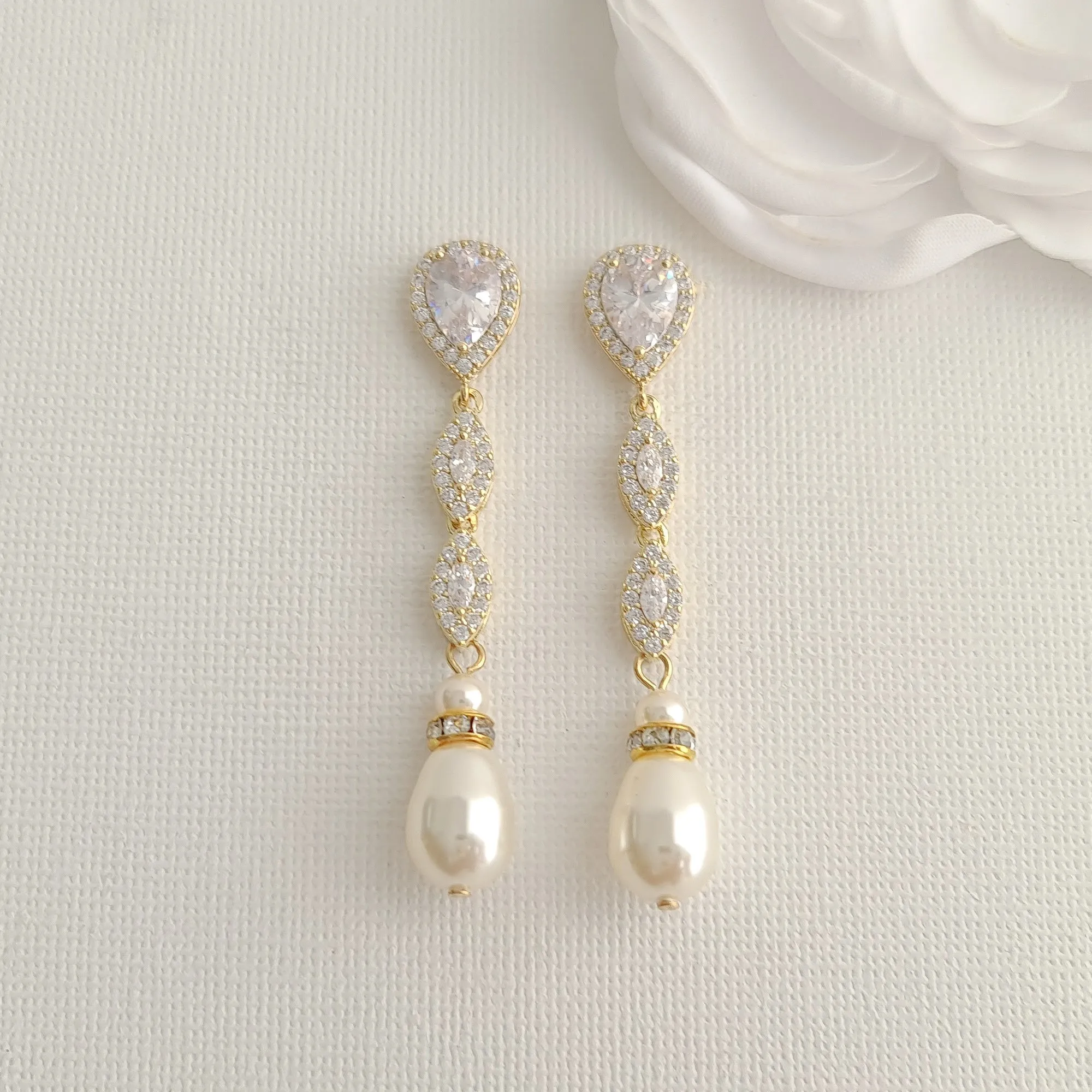 Slim Gold and Pearl Drop Earrings-Abby