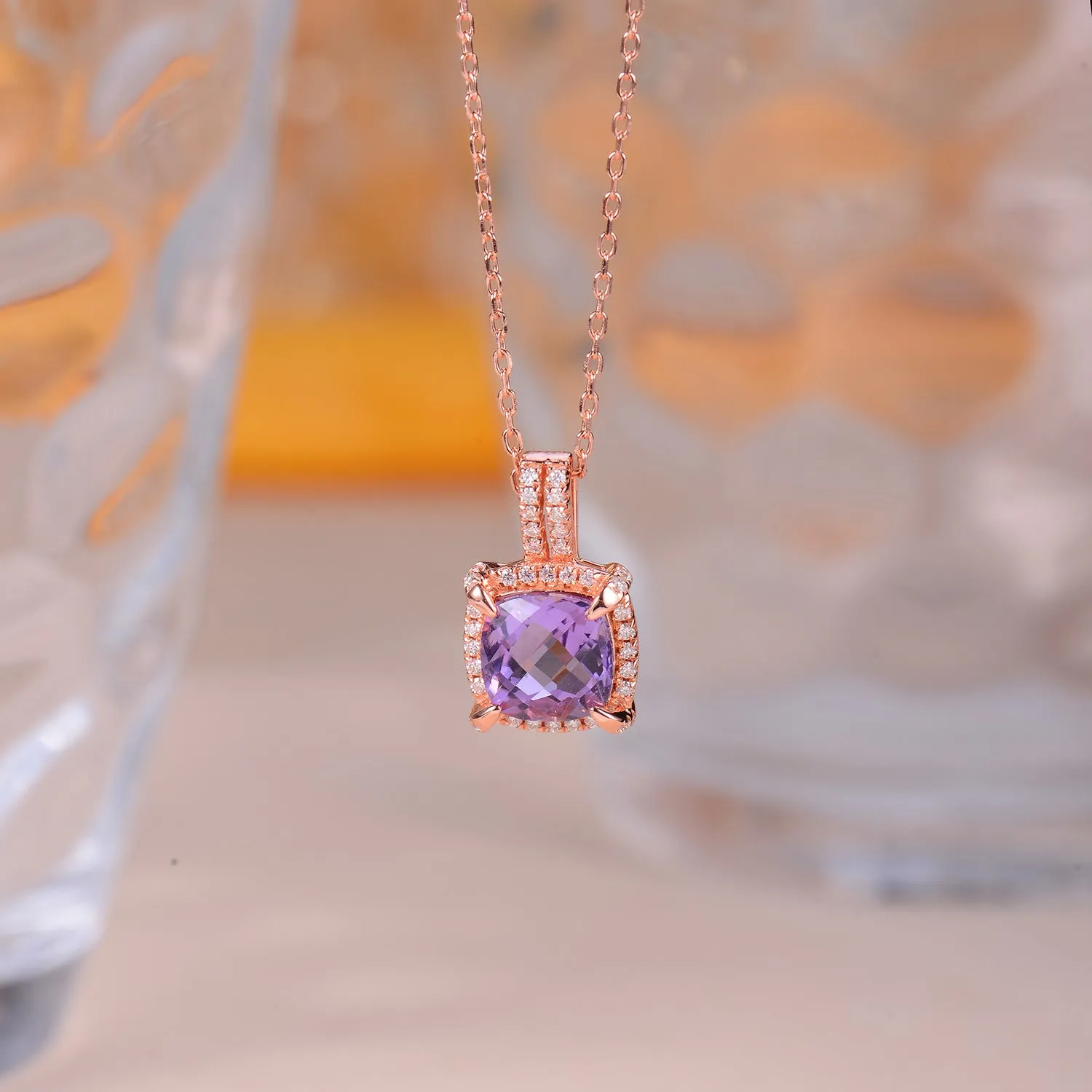 Soleste Halo Square Natural Amethyst Silver Necklace