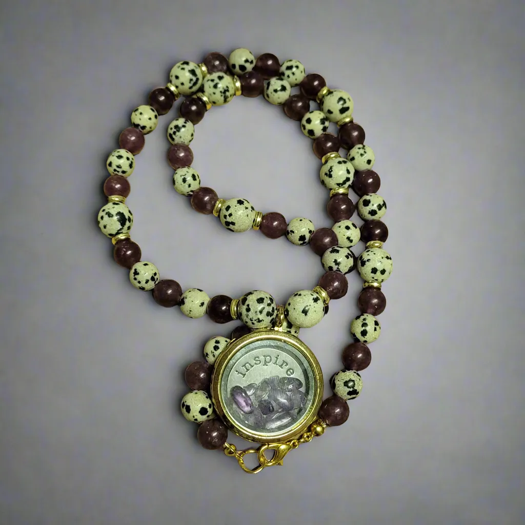 Speckle Stone Dalmatian Jasper Amethyst Wish Locket Amulet Necklace