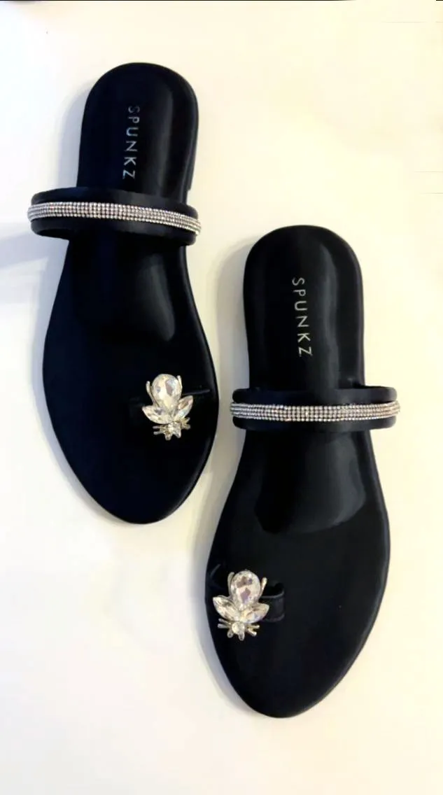 Spunkz Metallic Black Rhinestone Strap Bee Flats