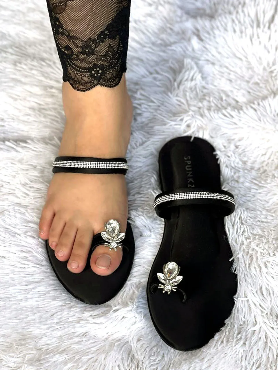 Spunkz Metallic Black Rhinestone Strap Bee Flats