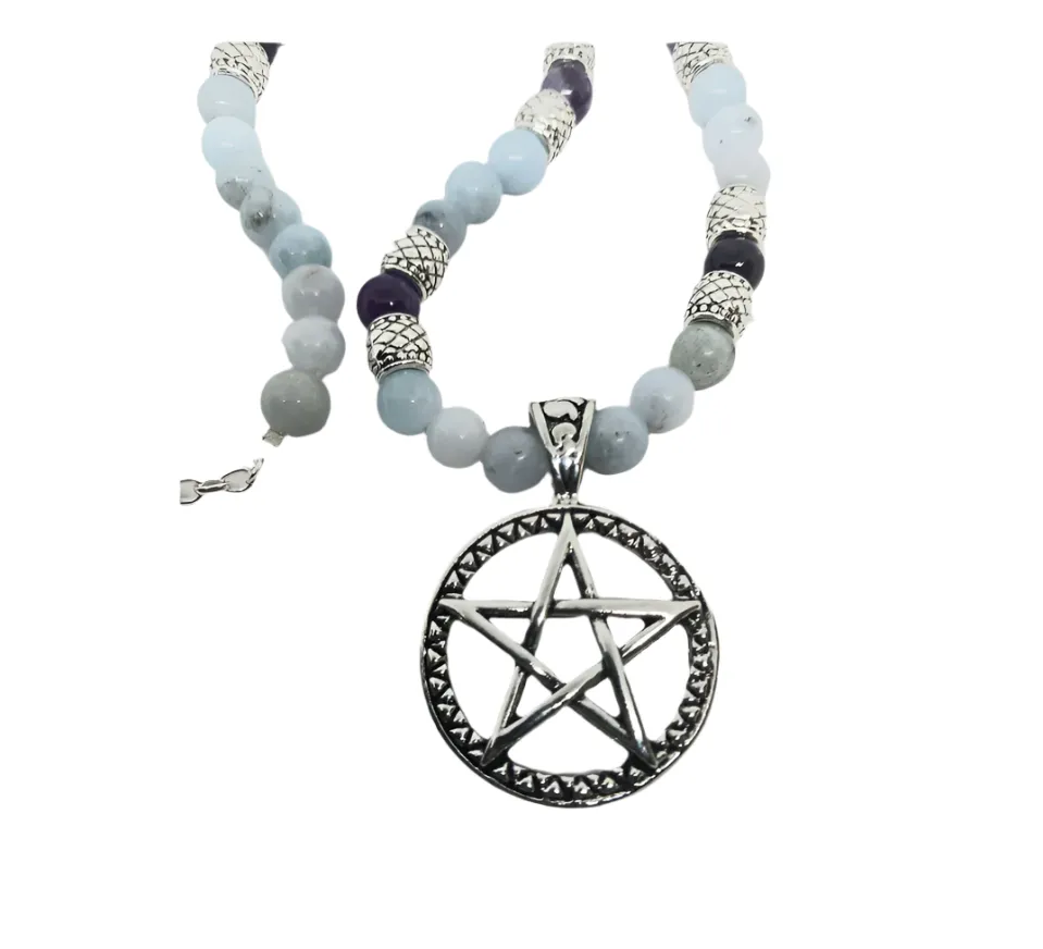 Stainless Steel Pentagram Charm Necklace with Blue Calcite and Dream Amethyst Crystal