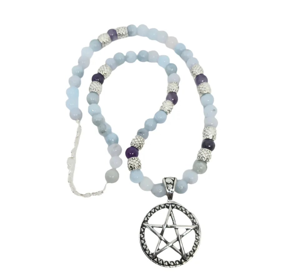 Stainless Steel Pentagram Charm Necklace with Blue Calcite and Dream Amethyst Crystal