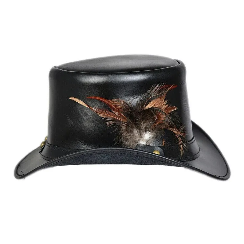 Steampunk Hat El Dorado Top Hat With Simple Band & Feathers Black Leather Top Hat Steampunk Hat Biker Hat Motorcyclist Hat