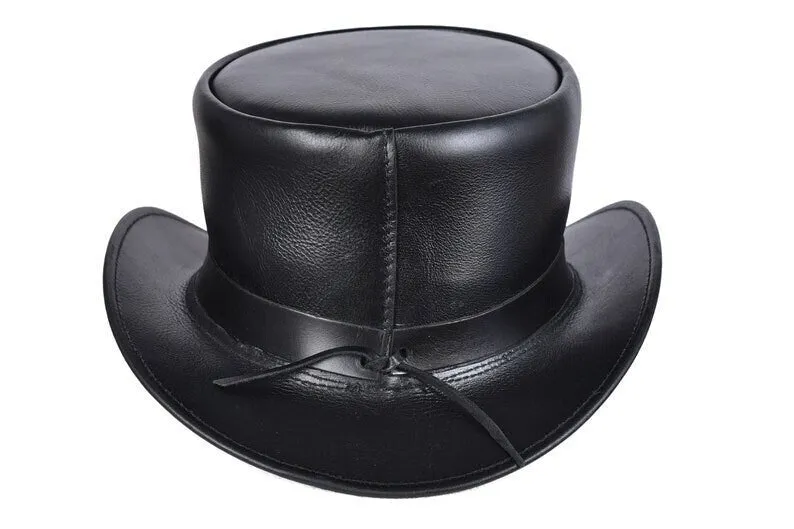 Steampunk Hat El Dorado Top Hat With Simple Band & Feathers Black Leather Top Hat Steampunk Hat Biker Hat Motorcyclist Hat