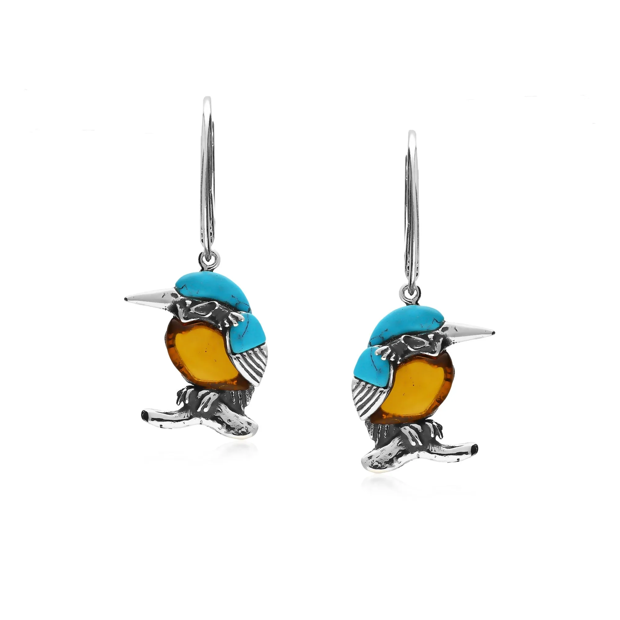 Sterling Silver Amber & Turquoise Small Kingfisher Earrings