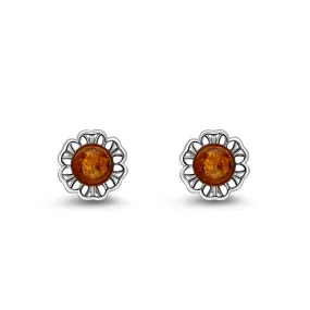 Sterling Silver Amber Flower Stud Earrings